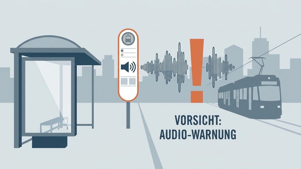 Straßenbahn-Haltestelle mit Warnsymbol und Schallwellen, VORSICHT: AUDIO-WARNUNG