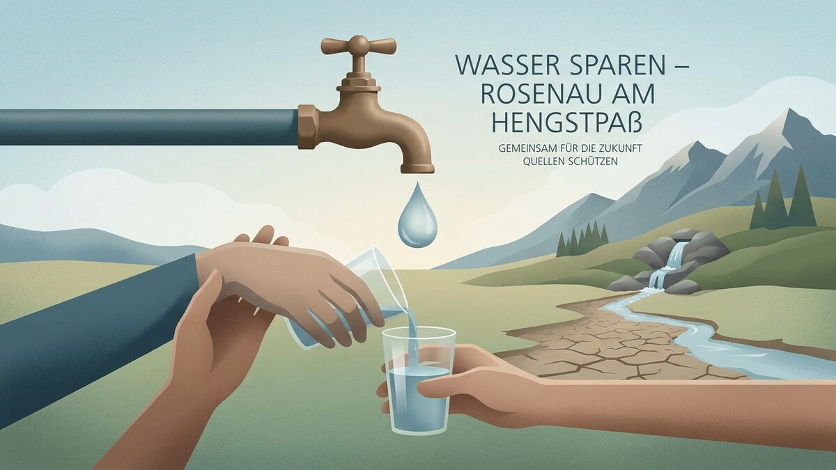 Wasser sparen Rosenau am Hengstpaß: Hände füllen Glas, trockene Landschaft, Bergquelle