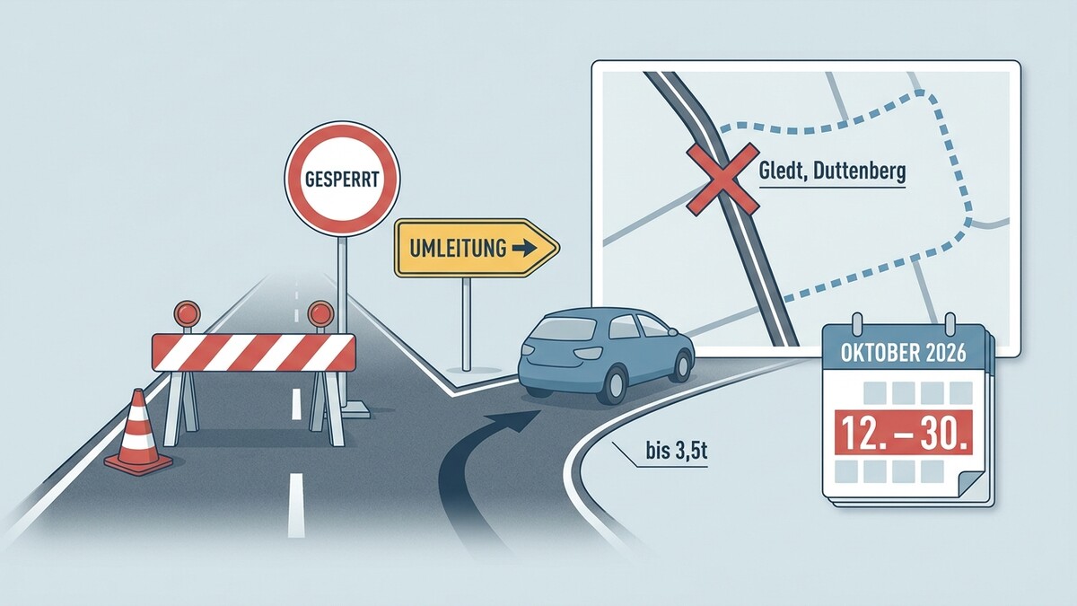 Straßensperre bei Gledt, Duttenberg mit Umleitung und Kalenderblatt Oktober 2026