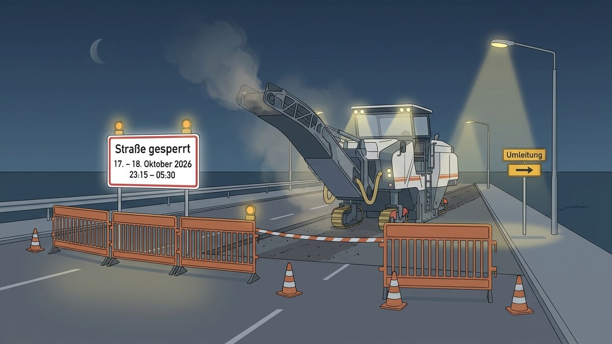Straßenfräse bei Nacht im Einsatz, Straßensperre mit Umleitungsschild