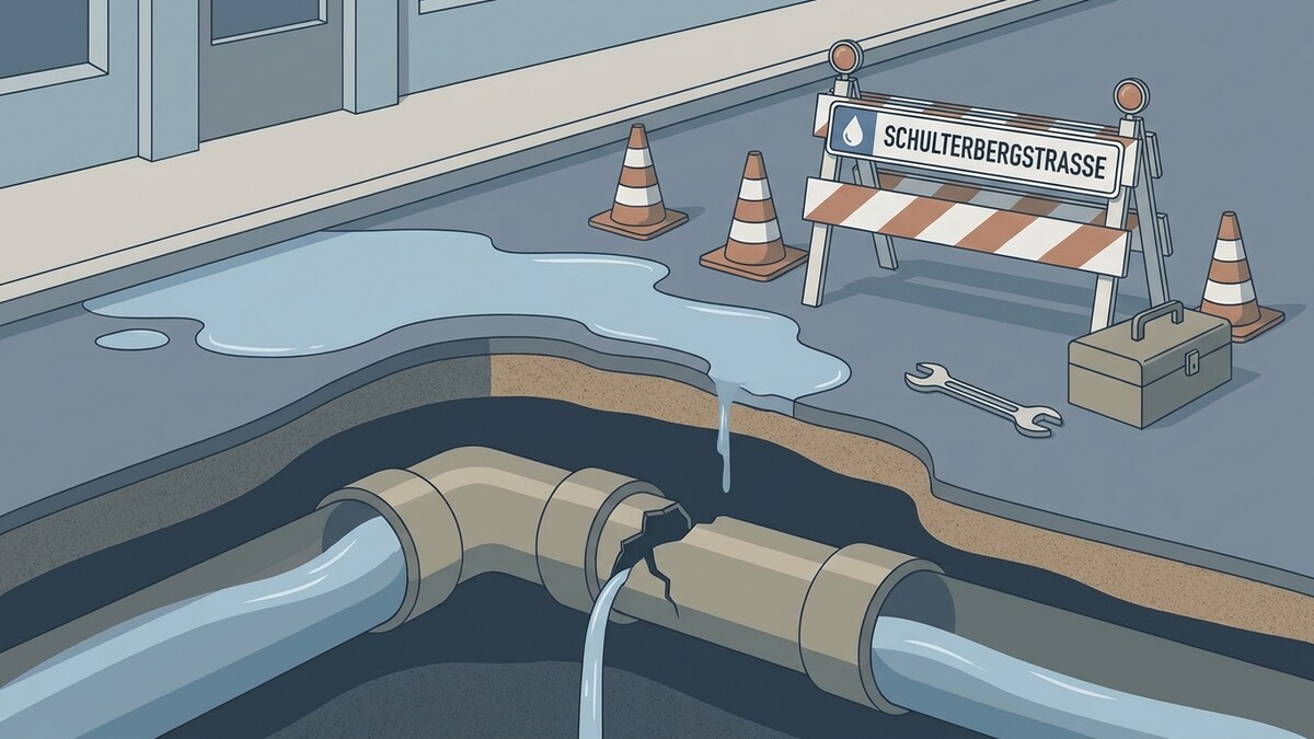Rohrbruch in der Schulterbergstraße mit Wasserlache, Warnkegeln und Werkzeugkasten.
