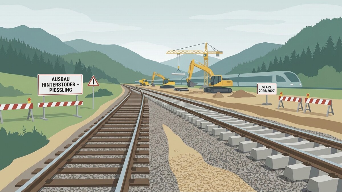 Ausbau Hinterstoder – Piessling: Baustelle mit Baggern, Kran und Zug