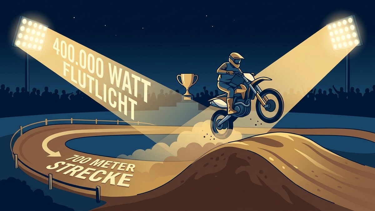 Motocross-Fahrer springt mit 400.000 Watt Flutlicht über eine 700 Meter lange Strecke