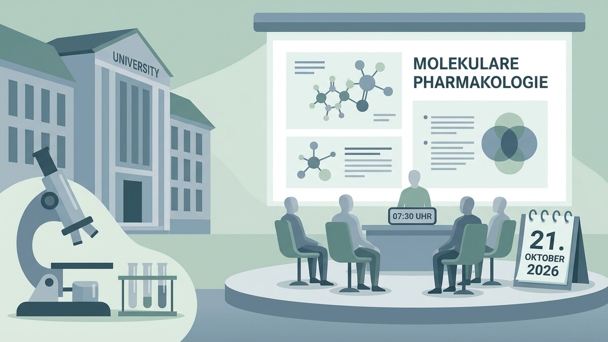 Molekulare Pharmakologie Vorlesung mit Mikroskop und Reagenzgläsern vor Universitätsgebäude