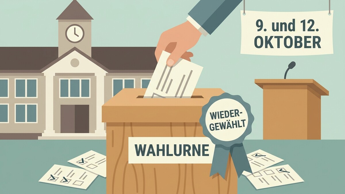 Wahlurne mit Stimmzettel und Wahlkuvert vor einem Amtsgebäude, 9. und 12. Oktober