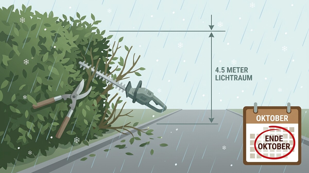 Heckenschere und Astschere im Regen bei 4,5 Meter Lichtraum, Kalender mit Ende Oktober