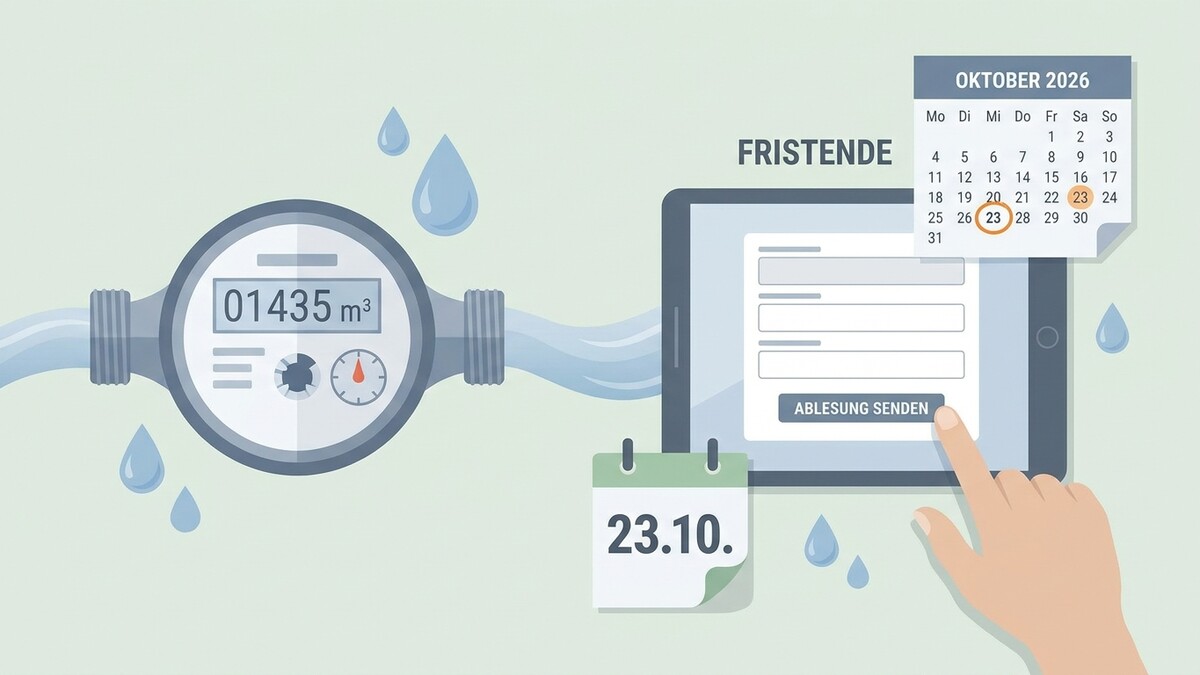 Wasserzähler zeigt 01435 m³, Tablet mit Formular und Kalender, Frist 23.10.