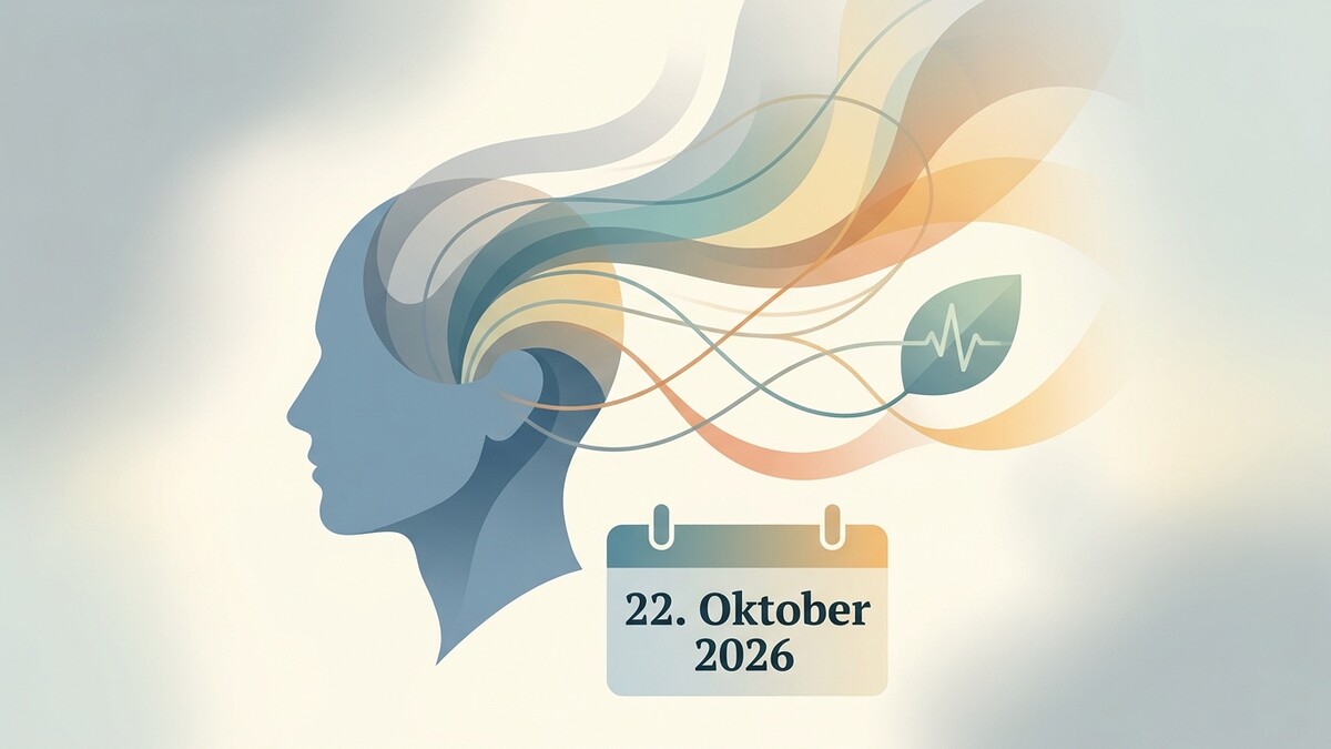 Kopfprofil mit farbigen Linien, Blatt-Symbol und Kalender 22. Oktober 2026