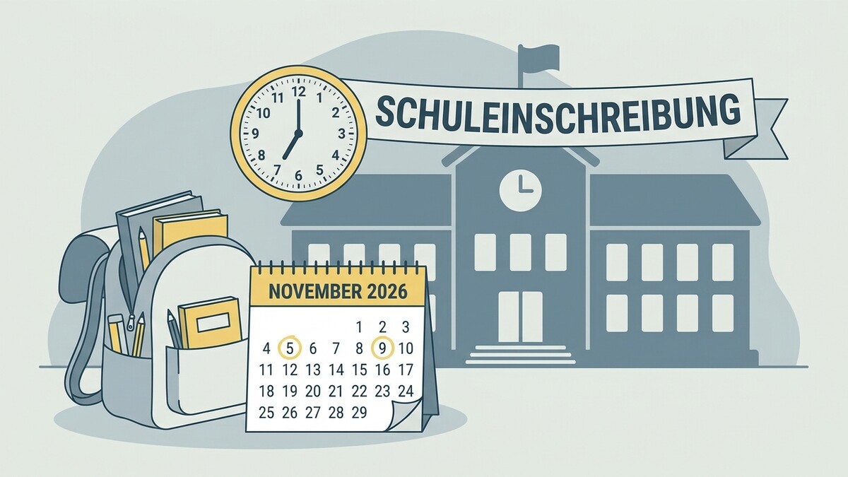 Schuleinschreibung: Schulgebäude, Kalender November 2026, Rucksack mit Büchern, Uhr