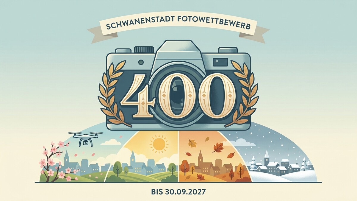 Fotowettbewerb Schwanenstadt: Kamera mit Zahl 400, Jahreszeiten-Darstellung und Drohne