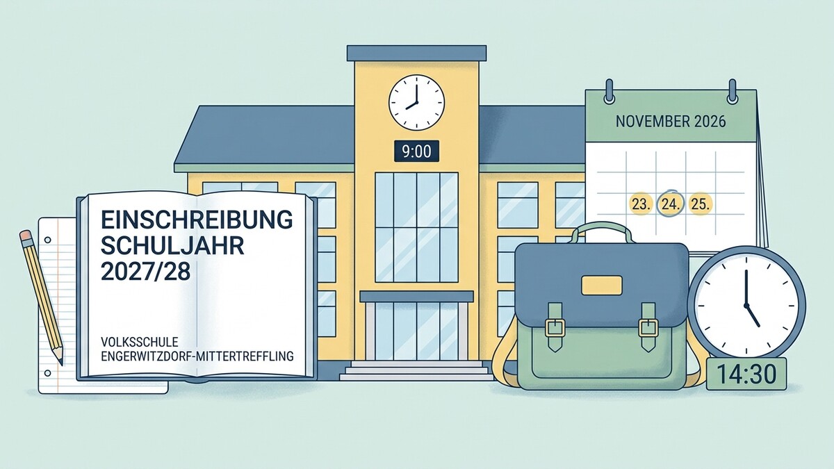 Einschreibung Schuljahr 2027/28 Volksschule Engerwitzdorf-Mittertreffling, Schulgebäude, Kalender, Schultasche, Uhr