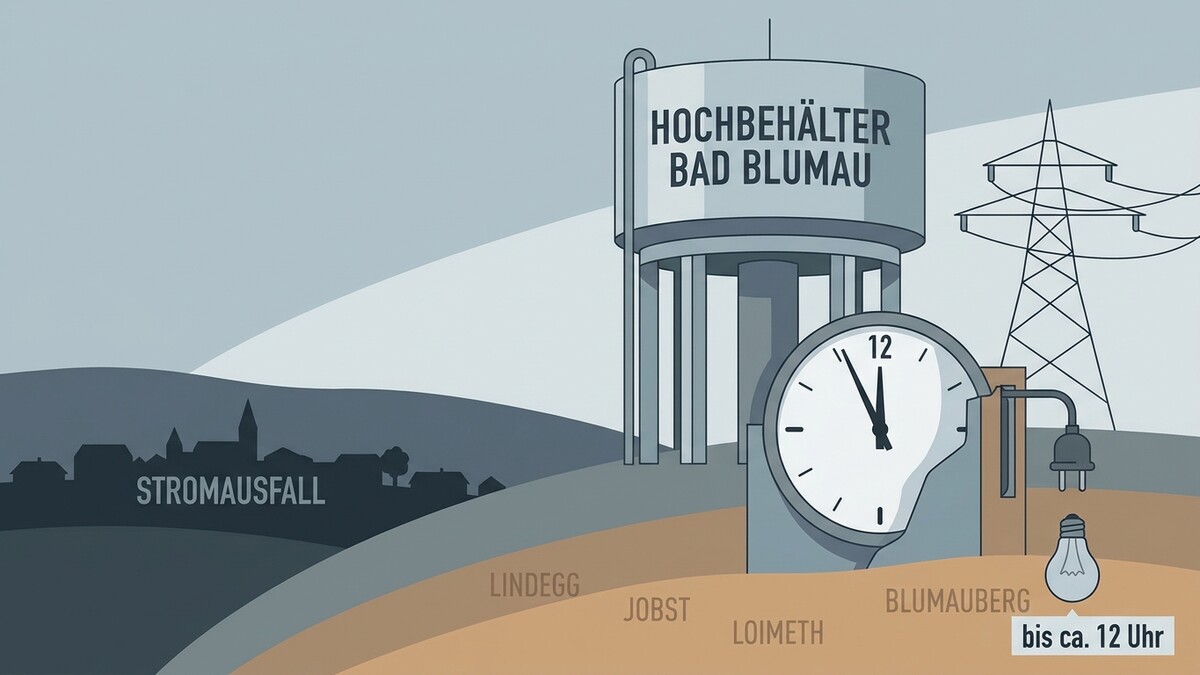 Stromausfall in Bad Blumau: Hochbehälter, Uhr, Strommast und Ortsnamen bis 12 Uhr.