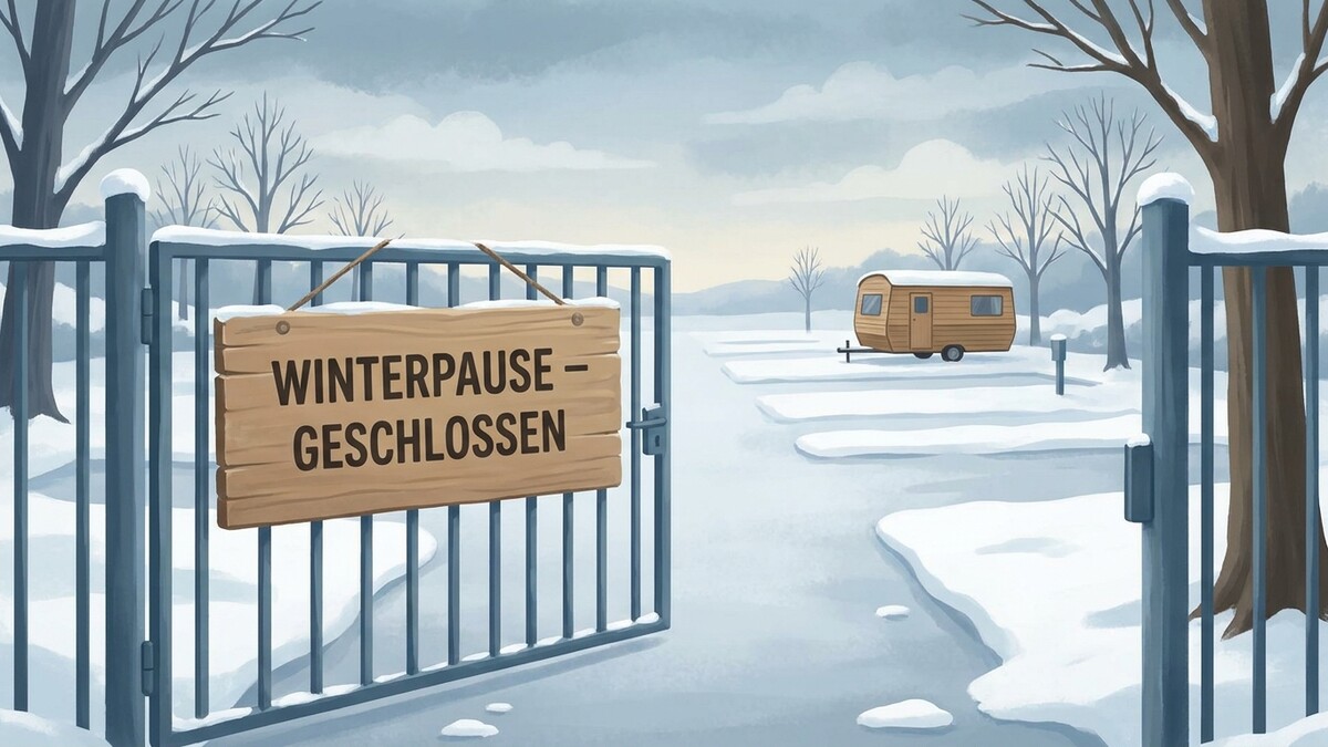 Winterpause geschlossen: Ein Wohnwagen auf einem verschneiten Campingplatz in Österreich