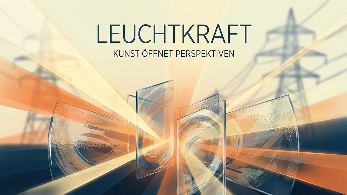 Leuchtkraft Kunst öffnet Perspektiven: Glasobjekte vor Strommasten und Lichtstrahlen