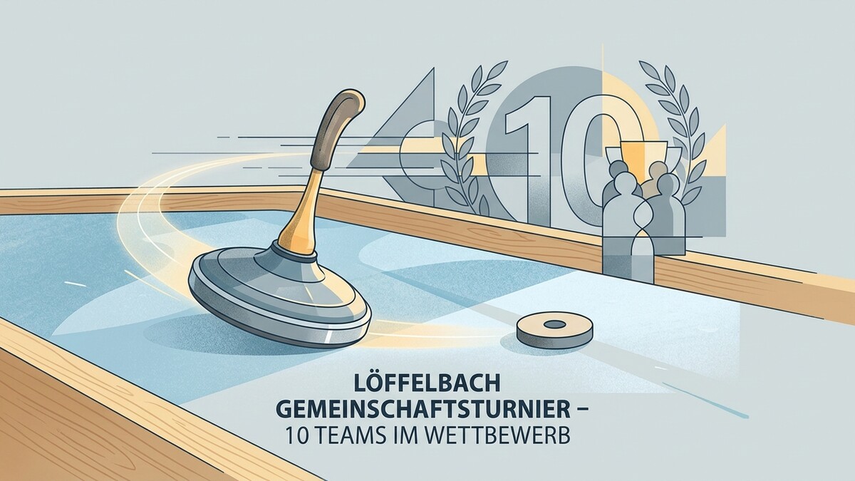 Curlingstein auf Eisbahn beim Löffelbach Gemeinschaftsturnier mit 10 Teams