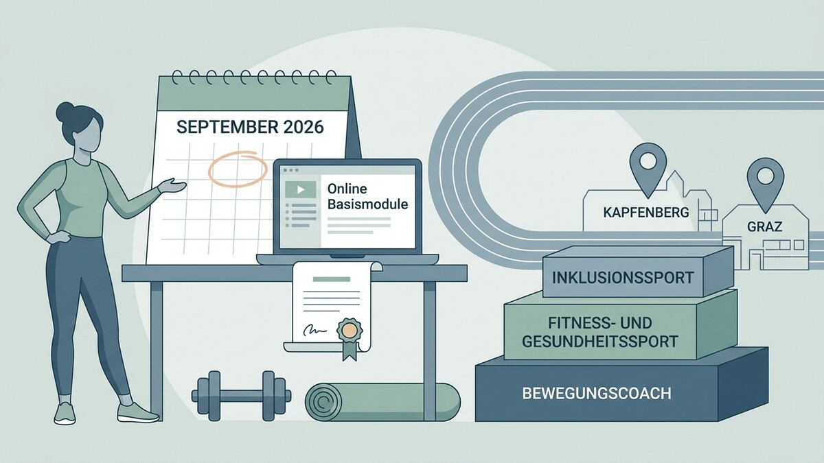 Kalender September 2026 mit Frau und Sportgeräten, Kapfenberg und Graz