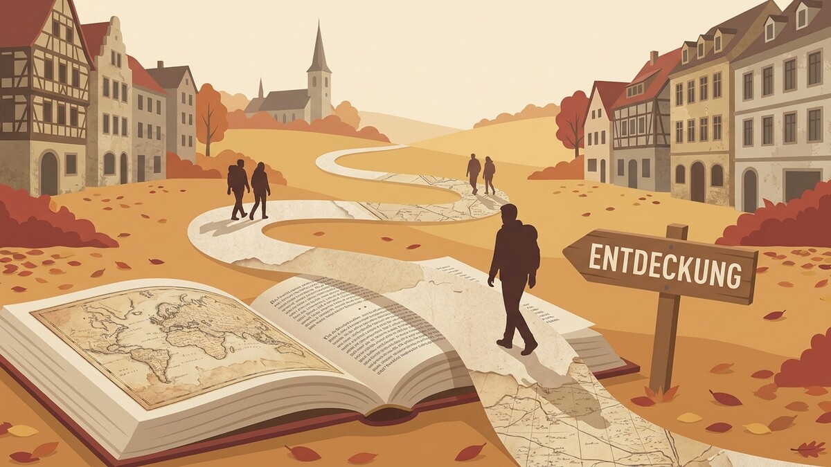 Entdeckung: Offenes Buch mit Weltkarte und Wanderer auf Wegweiser-Schild vor Fachwerkhäusern.