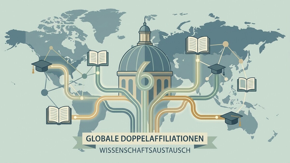 Globale Doppelaffiliationen: Wissenschaftsaustausch mit Kuppelgebäude, Büchern und Doktorhüten auf Weltkarte