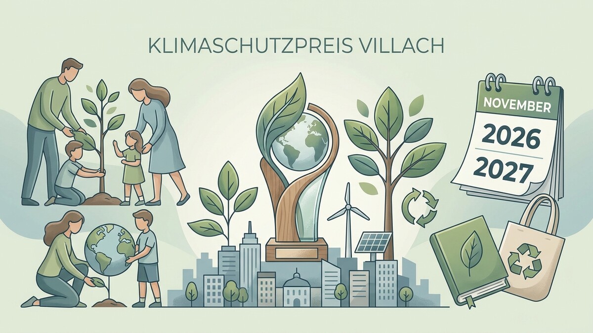 Klimaschutzpreis Villach: Familien pflanzen Bäume, eine Weltkugel, Stadt, Kalender, Trophäe