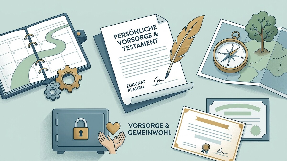 Vorsorge und Testament: Dokumente, Kalender und Herz mit Händen