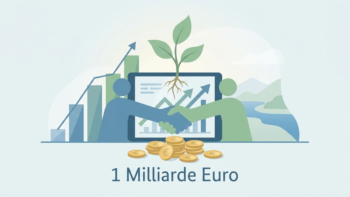 Investition 1 Milliarde Euro: Händeschütteln vor Tablet mit Pflanze und Charts