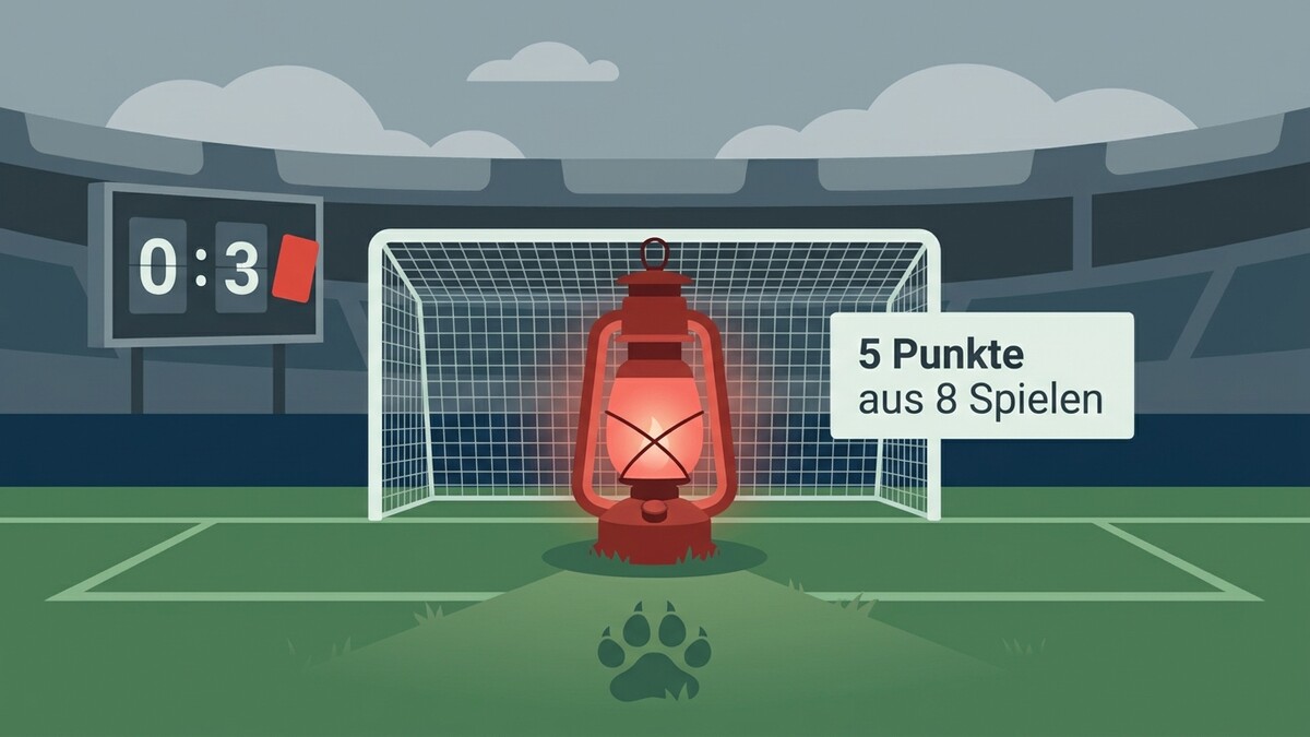 Fußballstadion mit Anzeigetafel 0:3, roter Laterne und "5 Punkte aus 8 Spielen"