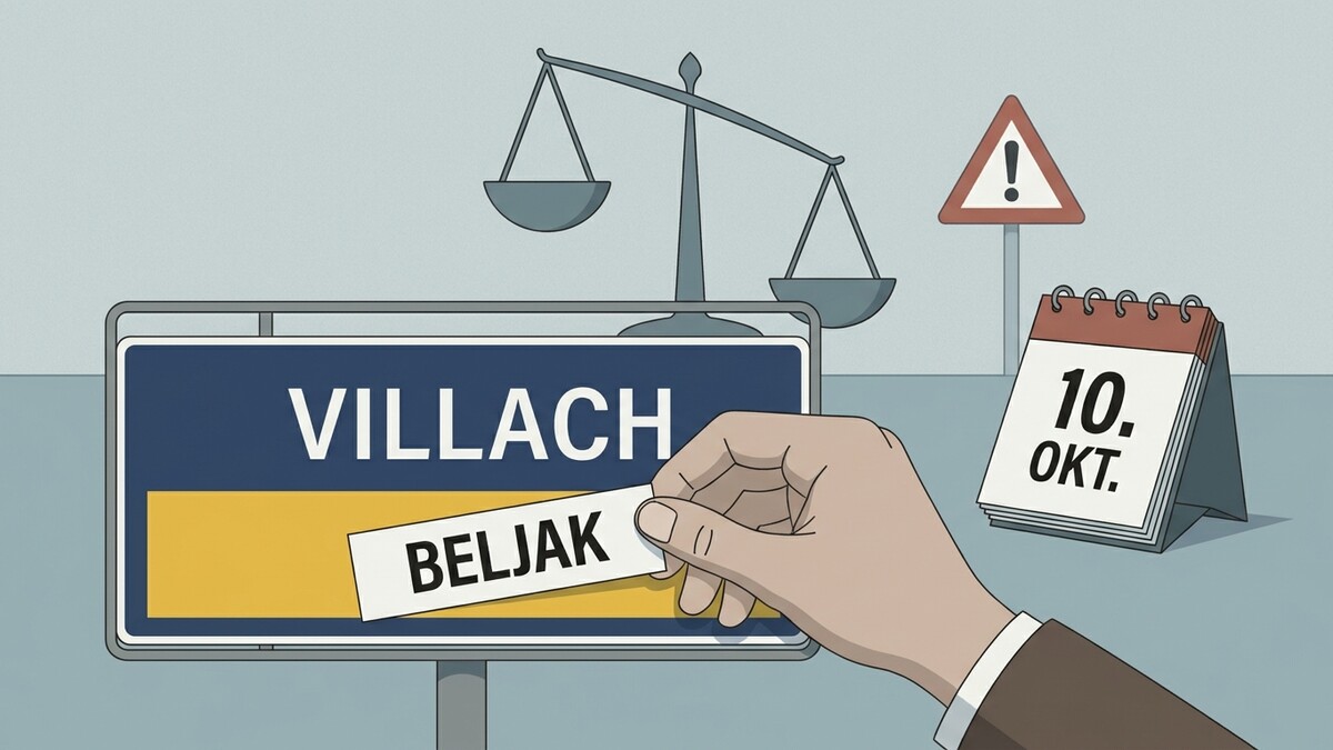 Villach: Hand überdeckt "Beljak" auf Ortstafel, Waage, Kalender 10. Okt.
