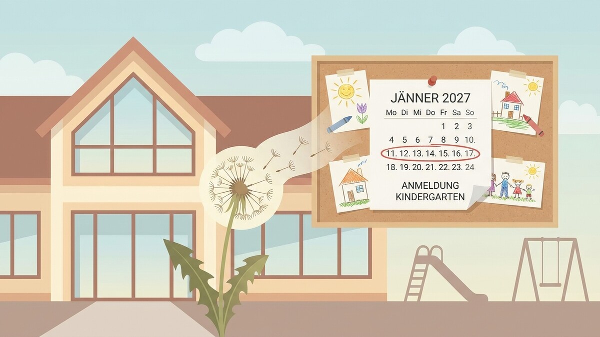 Kindergartenanmeldung Jänner 2027 mit Kalender und Pusteblume vor Haus