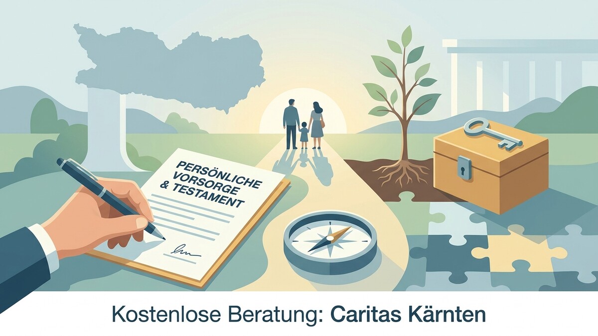 Vorsorge & Testament: Familie geht in Richtung Sonne, Kiste mit Schlüssel, Kompass