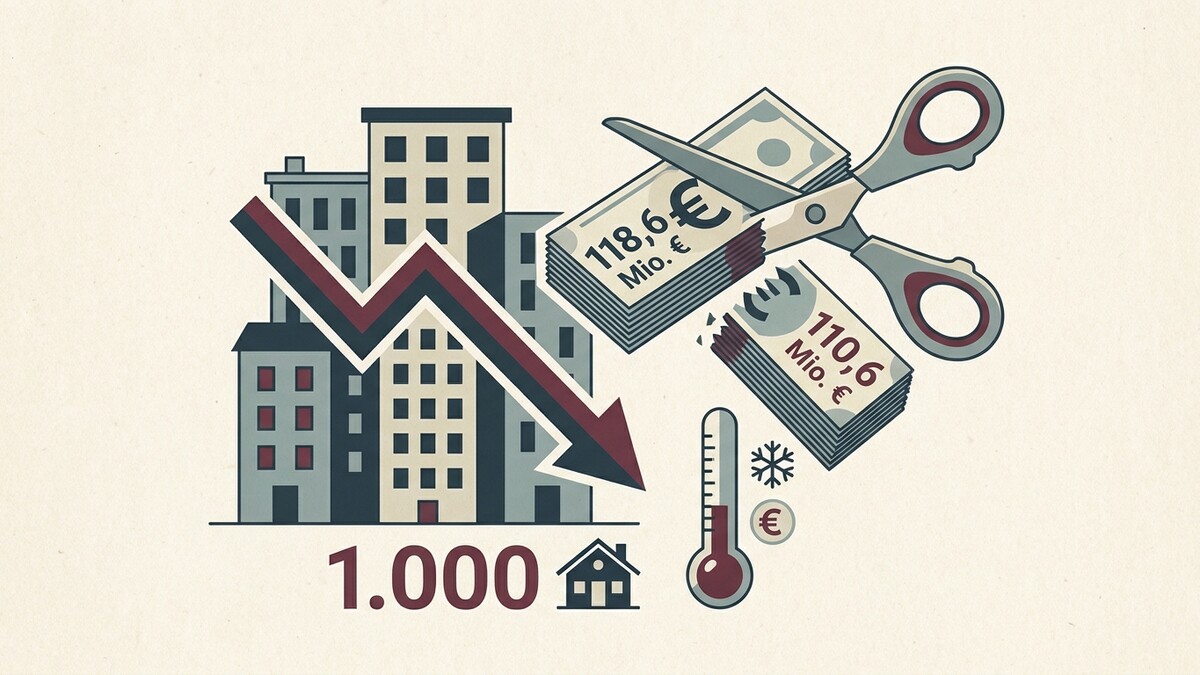Immobilienmarkt: fallende Kurse, Geldscheine werden zerschnitten, Thermometer zeigt Kälte.