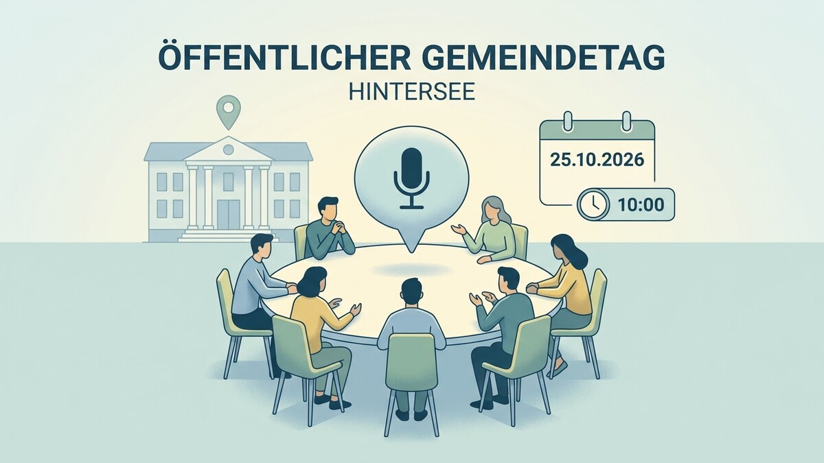 Öffentlicher Gemeindetag Hintersee: Menschen sitzen am Tisch, Mikrofon-Symbol, Kalender 25.10.2026, 10:00 Uhr