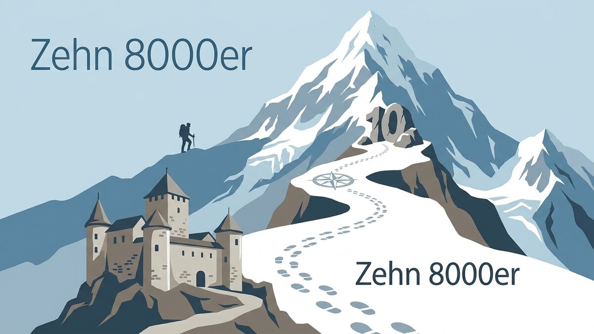 Bergsteiger auf dem Weg zum Gipfel vor einer Burg und schneebedeckten Bergen.