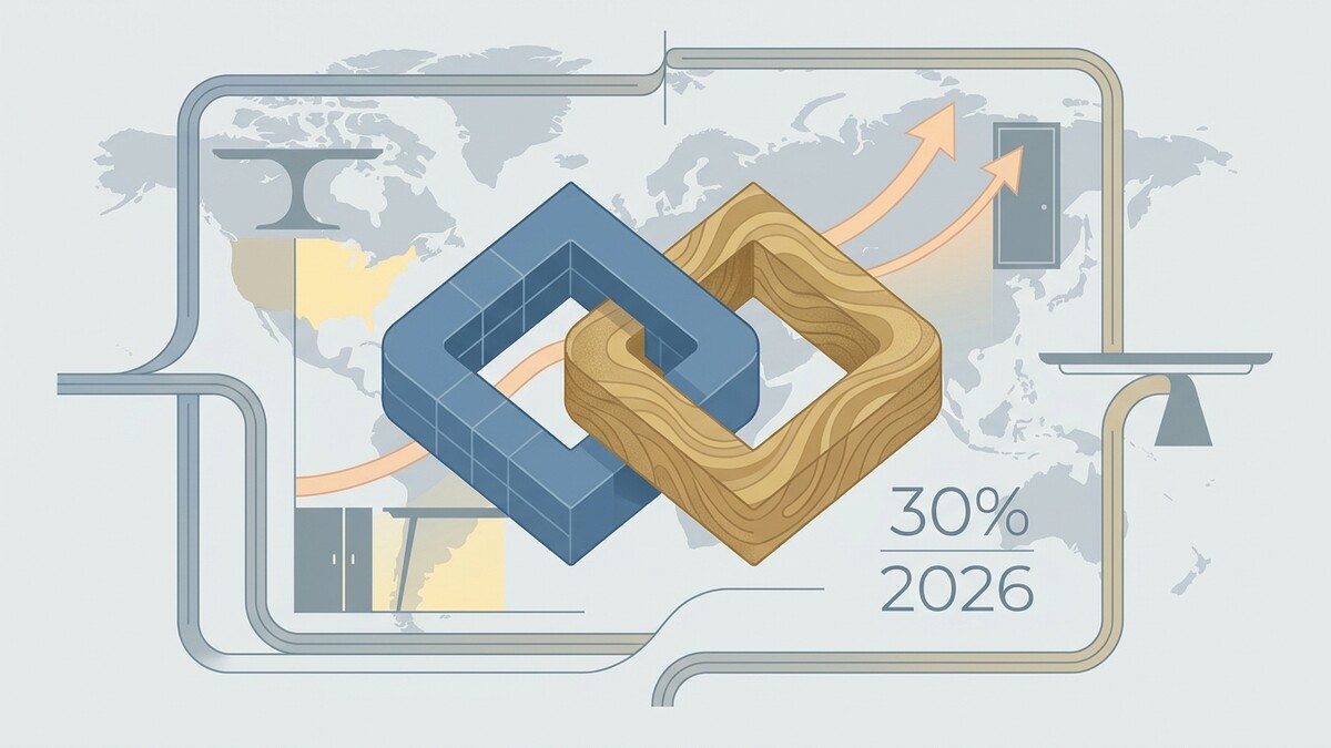 Wachstum 30% 2026 mit verschlungenen Ringen vor Weltkarte und Pfeilen