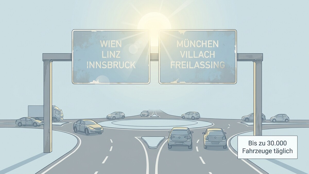 Autobahnkreuz mit Wegweisern nach Wien, Linz, Innsbruck, München, Villach und Freilassing.