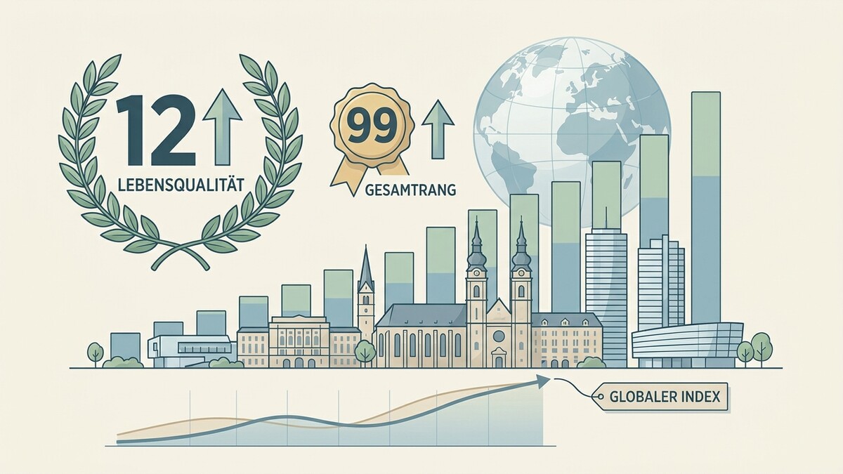 Lebensqualität 121 und Gesamtrang 99 im globalen Index mit Stadtbild und Erdball