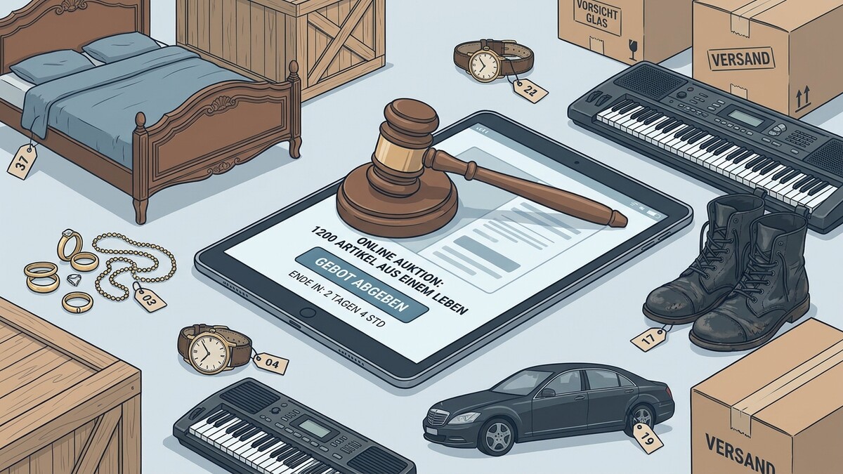 Auktion: Tablet mit Auktion, Auktionhammer, Bett, Schmuck, Uhren, Schuhe, Auto, Klaviere