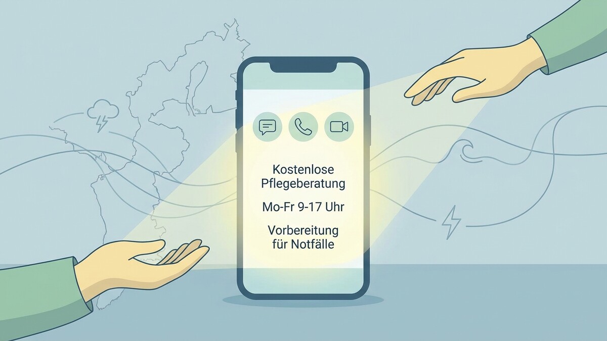 Kostenlose Pflegeberatung auf Smartphone mit Händen und Wetter-Symbolen
