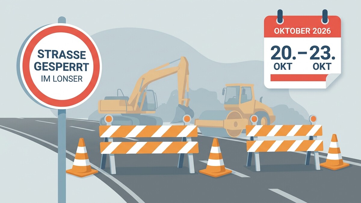 Straßensperre im Lonser mit Baumaschinen und Kalenderblatt Oktober 2026