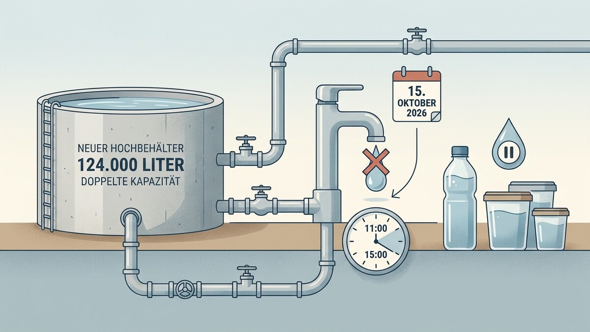 Wasserbehälter mit 124.000 Liter Kapazität, Wasserhahn mit Stopp-Symbol, Kalender 15. Oktober 2026, Uhr und Wasserflaschen