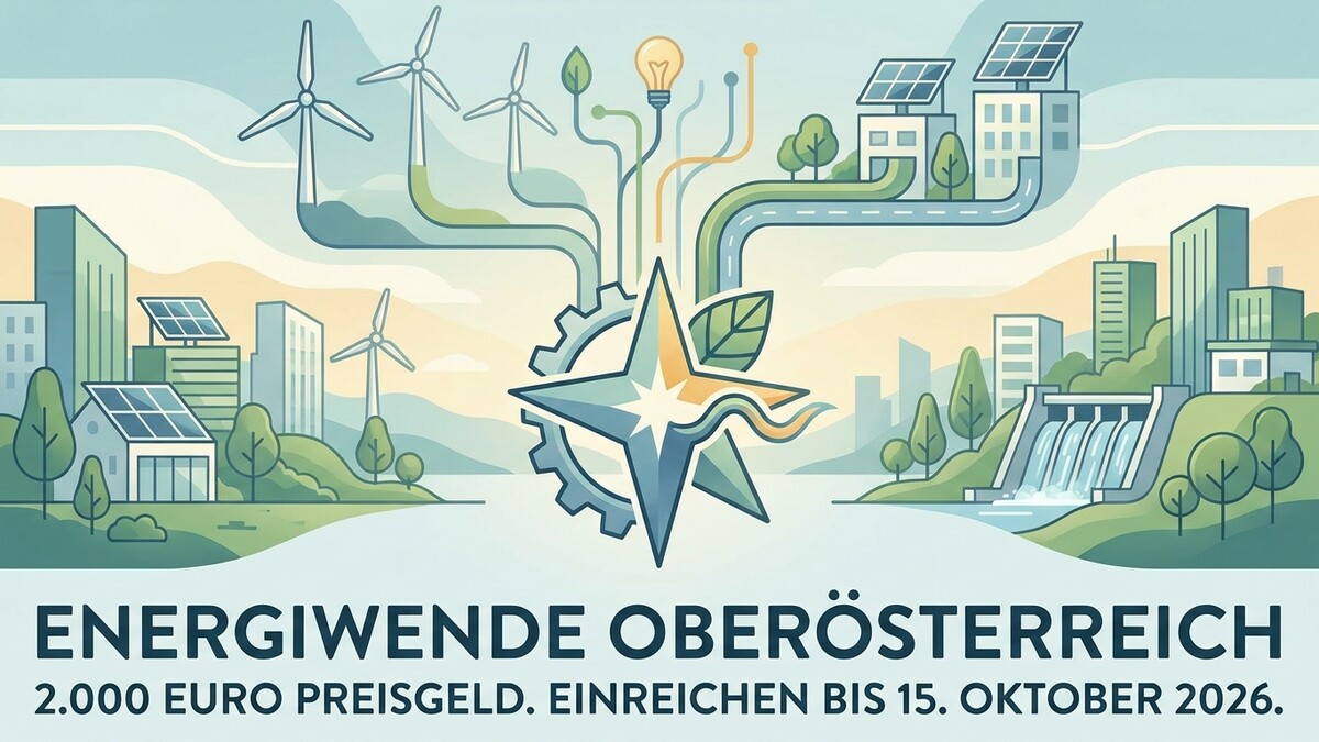 Oberösterreich: Energie. Illustration mit Windrädern, Solaranlagen, Wasserkraftwerk und Stadtsilhouette.
