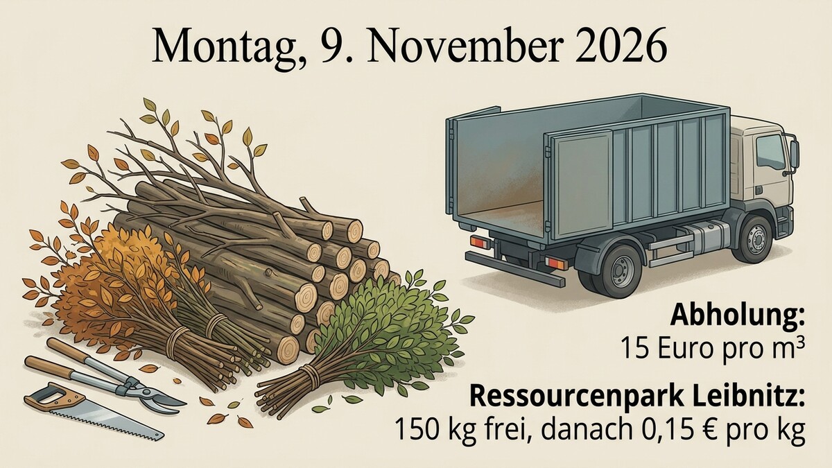 Holz und Laubabfälle neben einem LKW, Abholung und Kosten in Leibniz