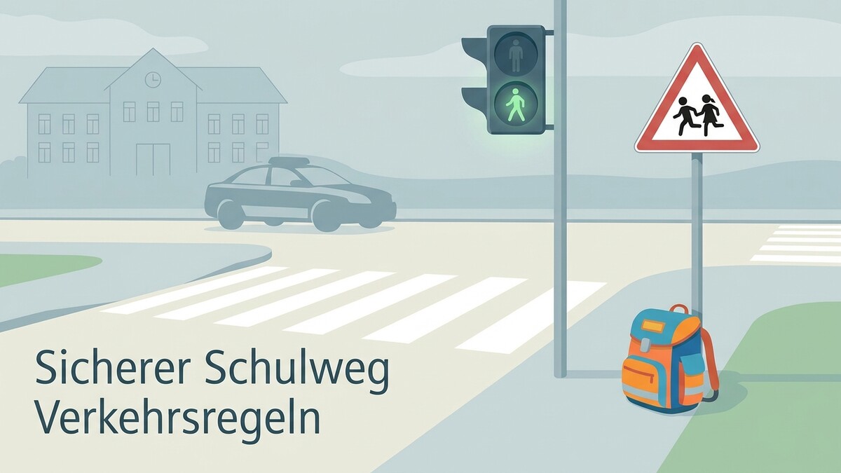 Schulweg Verkehrsschilder: Ampel mit Grün, Warnschild Kinder, Zebrastreifen, Schule und Rucksack
