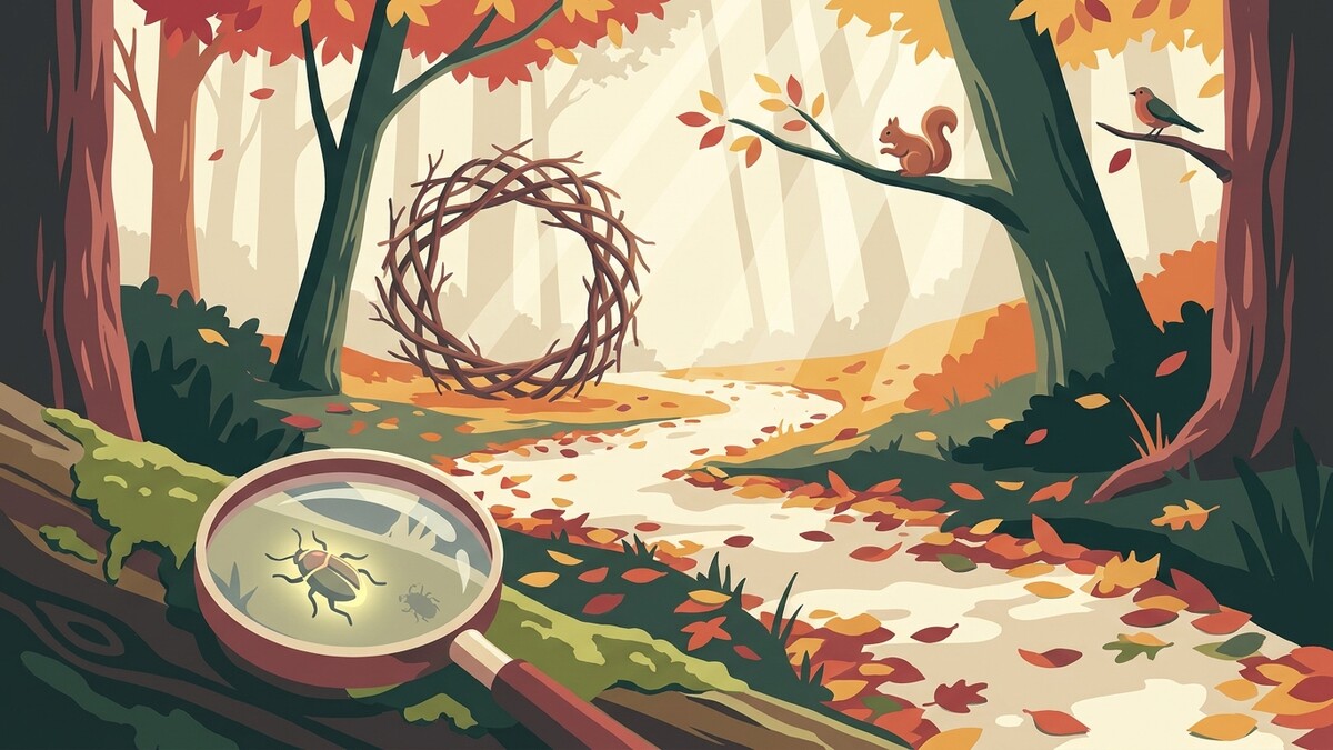 Waldweg im Herbst mit Lupe und Käfer