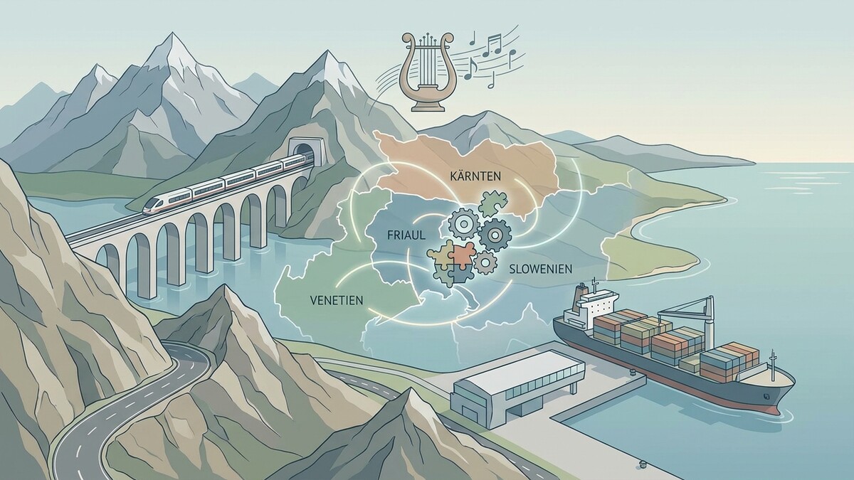 Kärnten, Friaul, Venetien und Slowenien als Puzzle und Zahnräder mit Zug, Schiff und Harfe