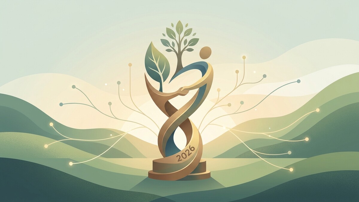 Trophäe mit Baum und Mensch 2026 vor Hügeln und Himmel