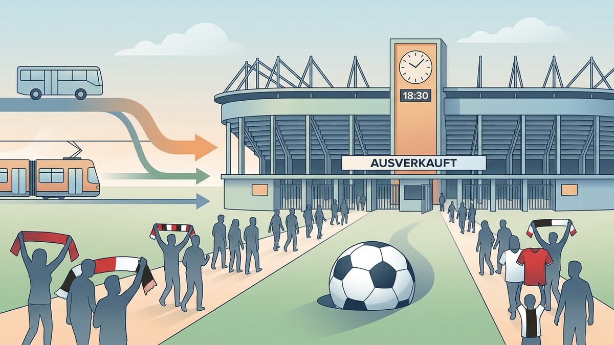 Fußballstadion mit Fans, die anreisen, und einem großen Ball vor dem Eingang.
