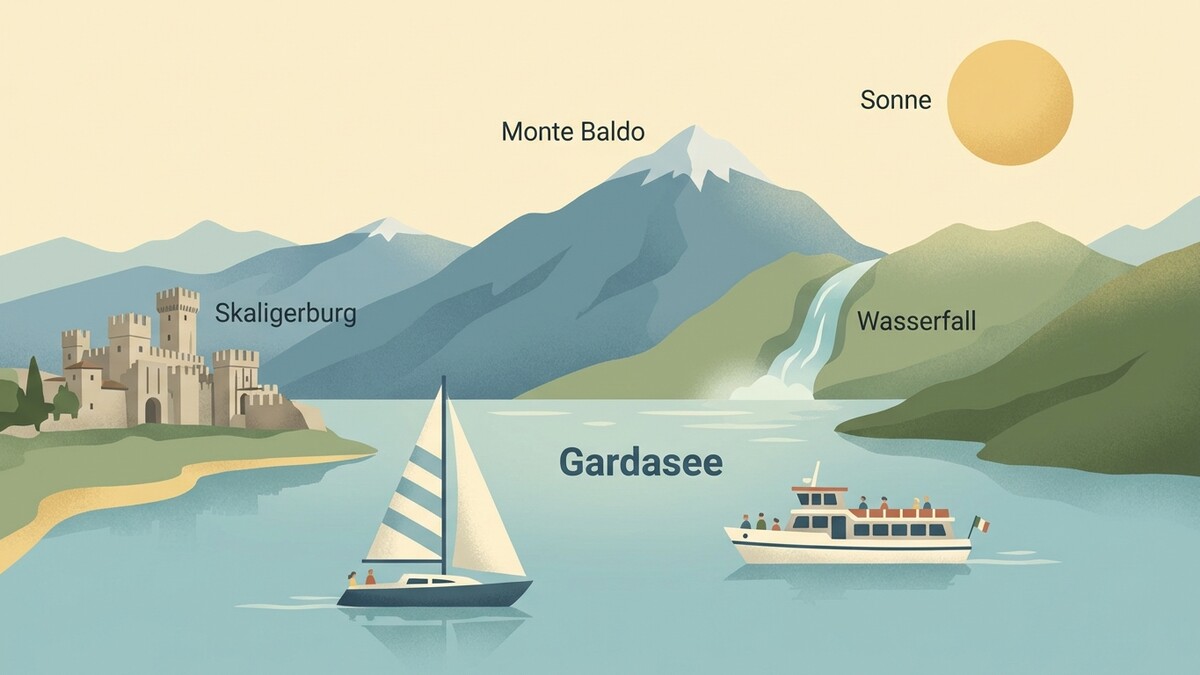 Gardasee-Szenerie mit Skaligerburg, Monte Baldo, Wasserfall, Sonne, Segelboot und Ausflugsboot