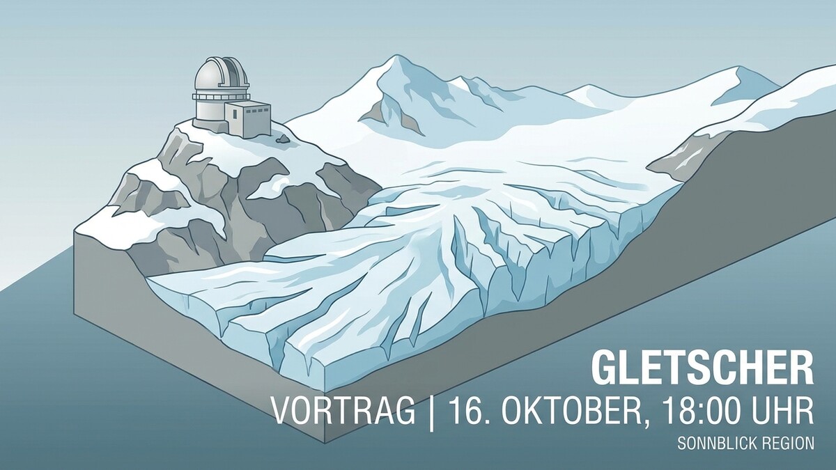 Gletscher mit Observatorium auf einem Berg und Text: Vortrag, 16. Oktober, 18:00 Uhr, Sonnblick Region