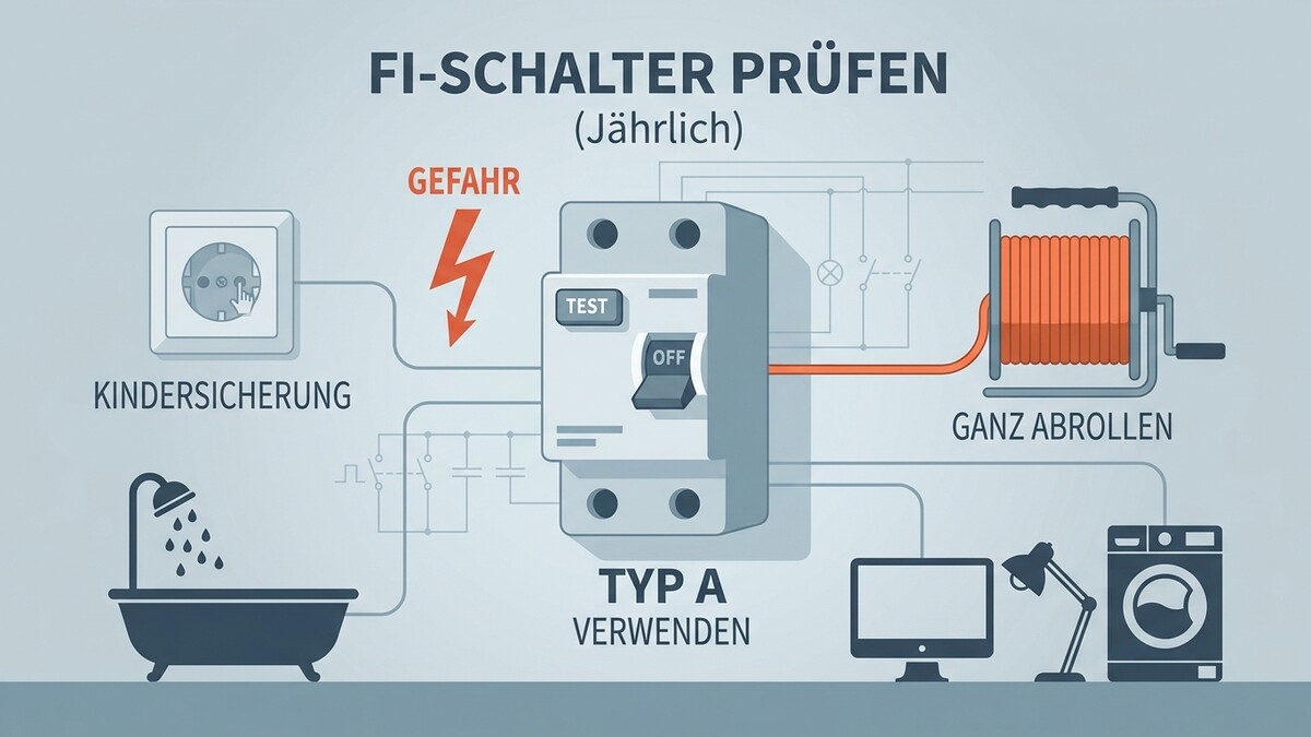 FI-Schalter Prüfung: Gefahrensymbole, Steckdose, Badewanne, Kabeltrommel und Elektrogeräte