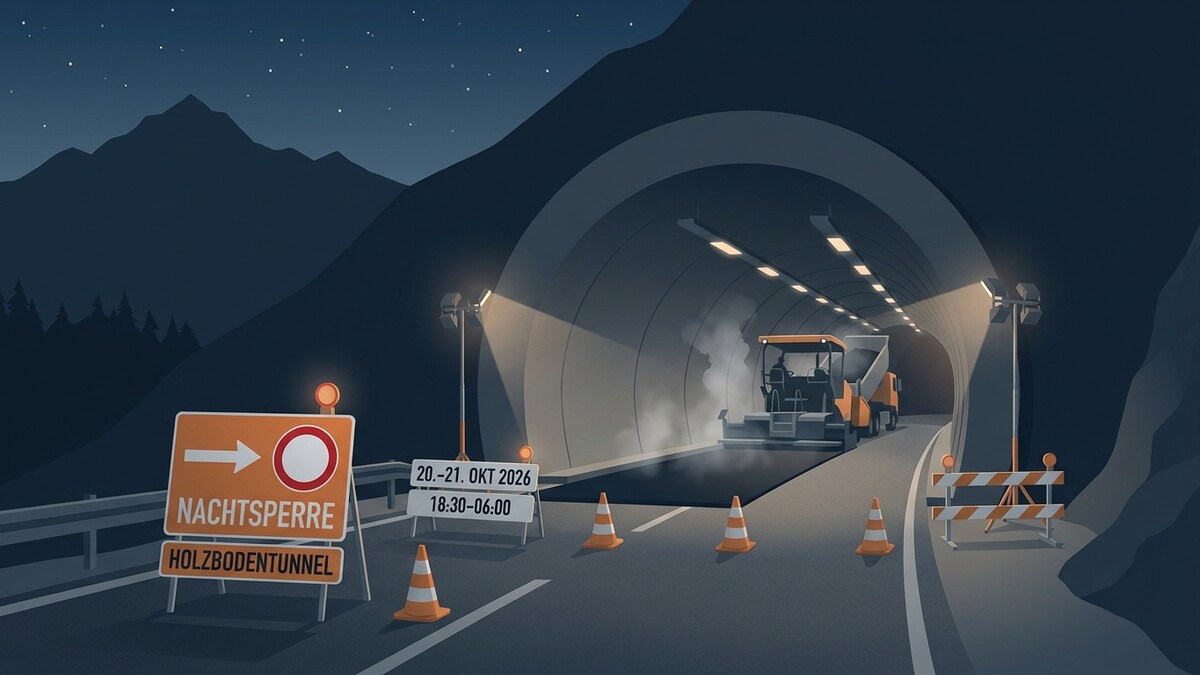 Holzboden-Tunnel: Nächtliche Sperre für Asphaltierungsarbeiten mit Baustellensignalisierung und Maschinen